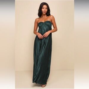 Lulus Whimsical Beauty Emerald Green Satin Plisse Strapless Maxi Dress - Size M